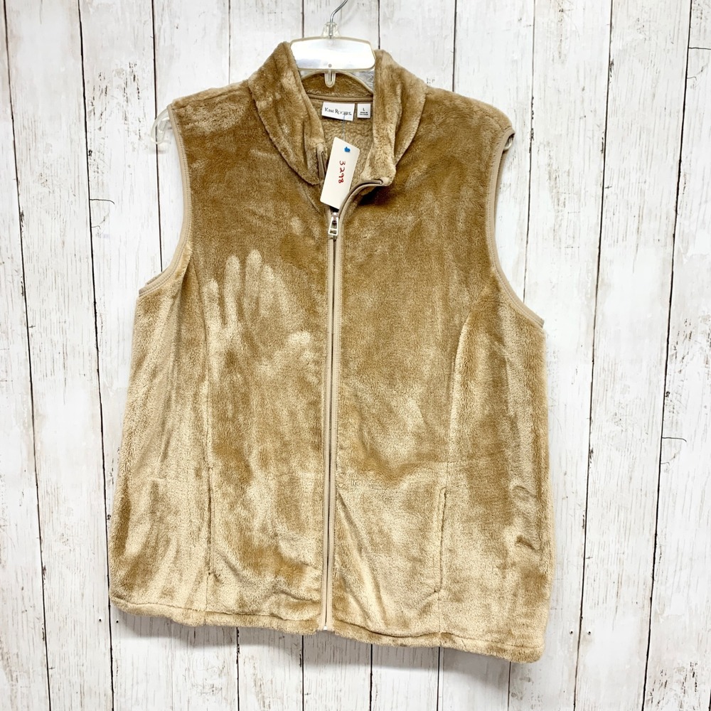 Kim Rogers Plush Faux‎ Fur Vest Womens Size L Tan Full Zip Mock Neck Fleece Cozy
